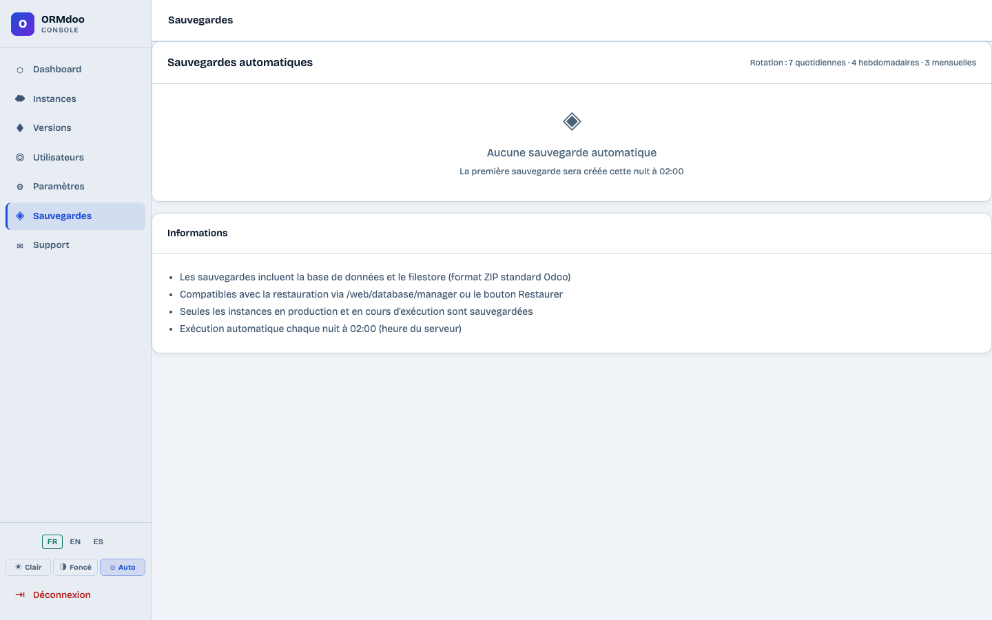 Page Sauvegardes automatiques