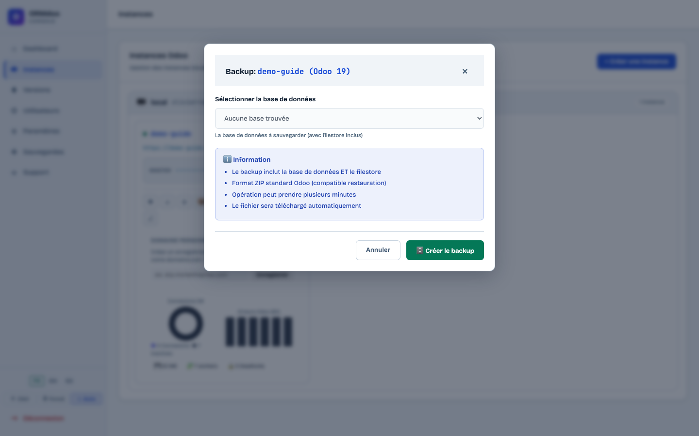 Fenêtre de création de backup